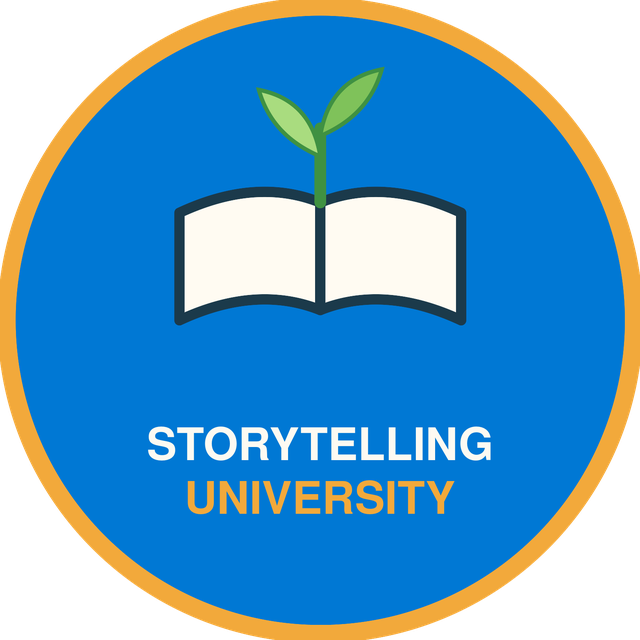 Storytelling University logo: an open book with a sprouting seedling